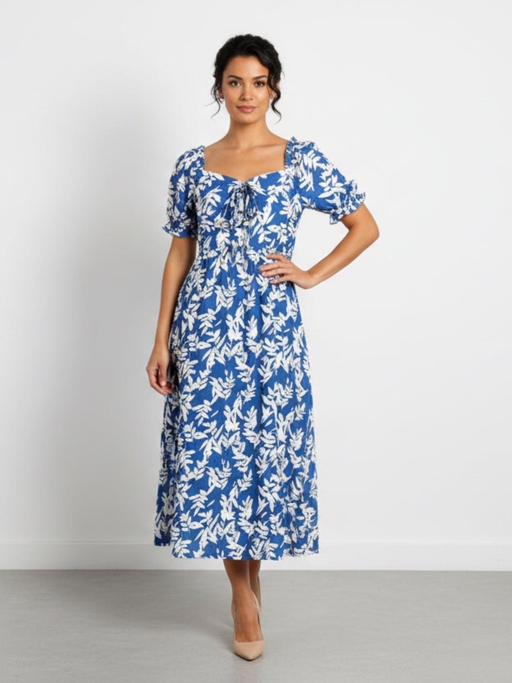 Blue Floral Midi Dress with Tie Front